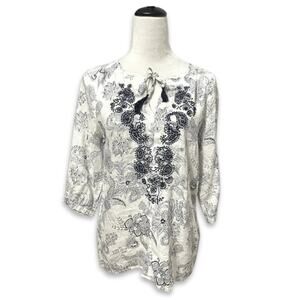 Malvin Linen Blouse Floral Paisley Pattern 3/4 Sleeves Tie-Neck Off White/Blue S